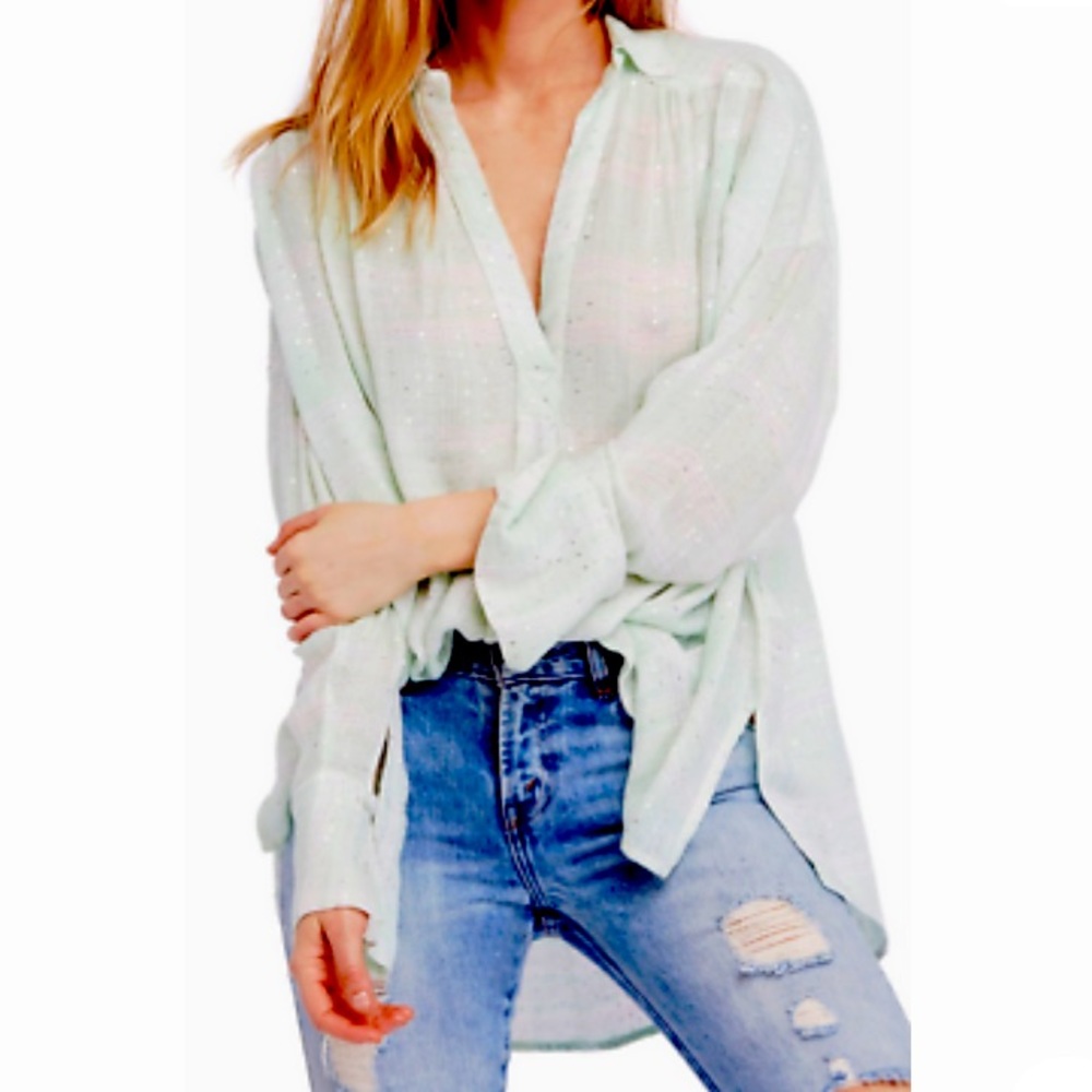 Free People Fearless Love Sequined Button Down Tunic in Mint Plaid